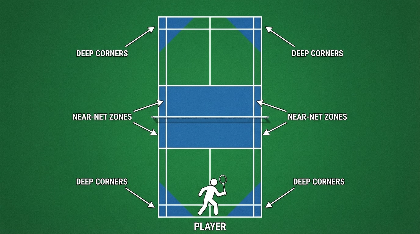 Top-down diagram of a rectangular badminton/tennis court divided by a net, with shaded deep corners and front near-net areas as target zones, plus a player icon at center back in a ready position.