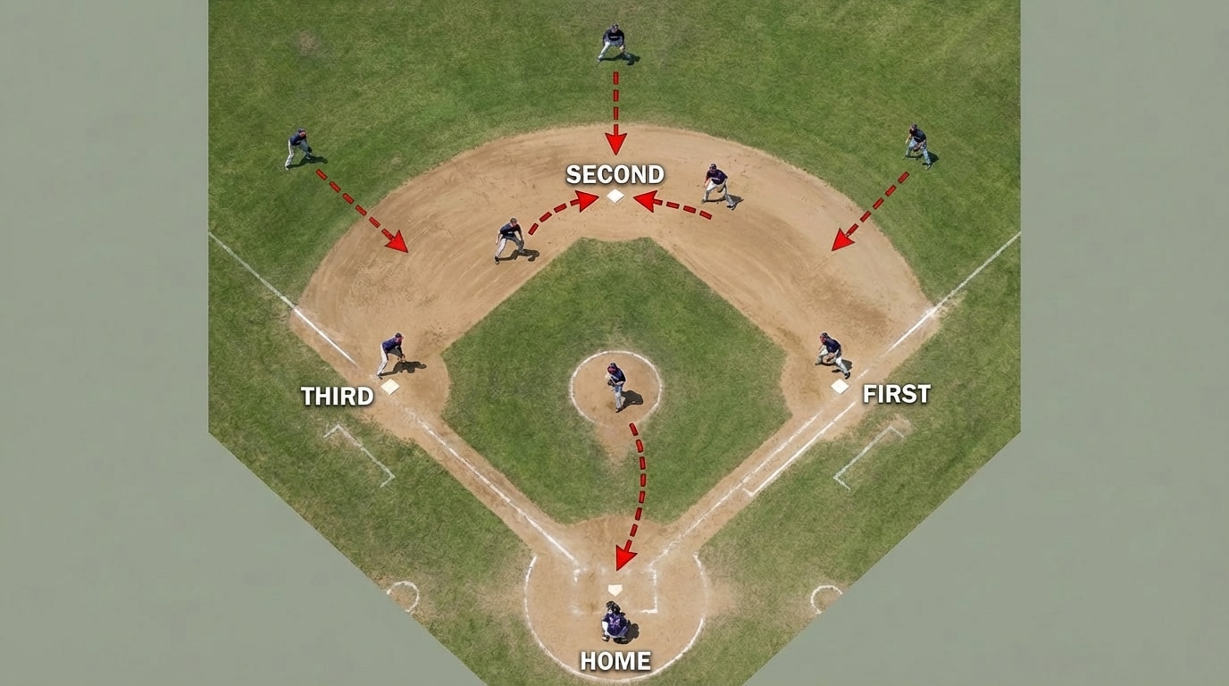 Simple diamond-shaped kickball/softball field with home, first, second, and third base labeled, defensive players in common positions, and arrows from outfielders and infielders showing how they move to back up throws to each base.