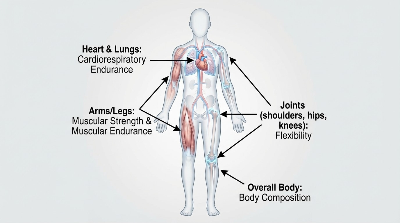 Simplified human body outline labeled with “Heart & Lungs: Cardiorespiratory Endurance,” “Arms/Legs: Muscular Strength & Muscular Endurance,” “Joints (shoulders, hips, knees): Flexibility,” and “Overall Body: Body Composition.”