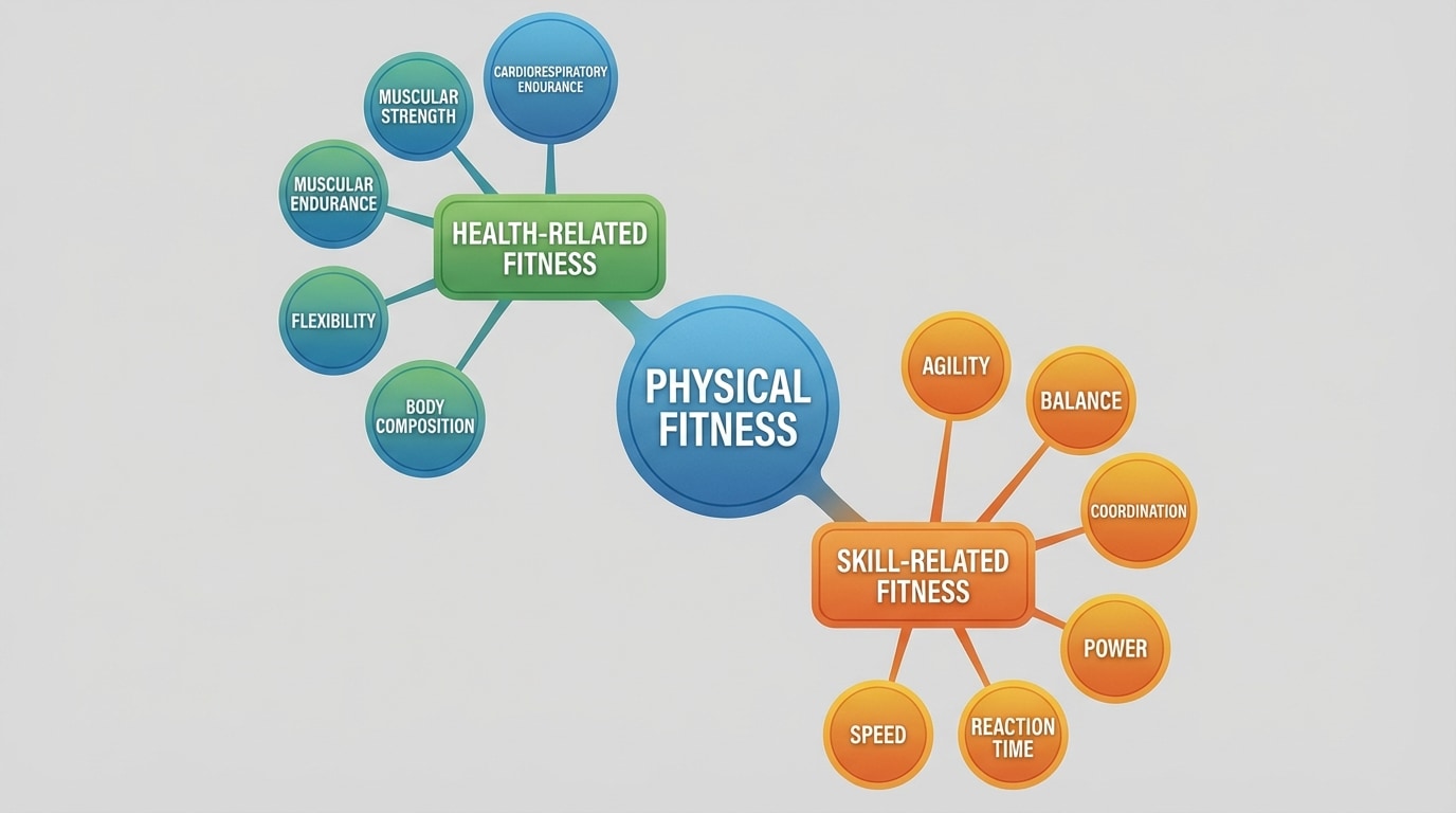 Concept map with a central bubble labeled “Physical Fitness” branching to two bubbles: “Health-Related Fitness” and “Skill-Related Fitness.” From “Health-Related Fitness,” branches to “Cardiorespiratory Endurance,” “Muscular Strength,” “Muscular Endurance,” “Flexibility,” and “Body Composition.” From “Skill-Related Fitness,” branches to “Agility,” “Balance,” “Coordination,” “Power,” “Speed,” and “Reaction Time.”