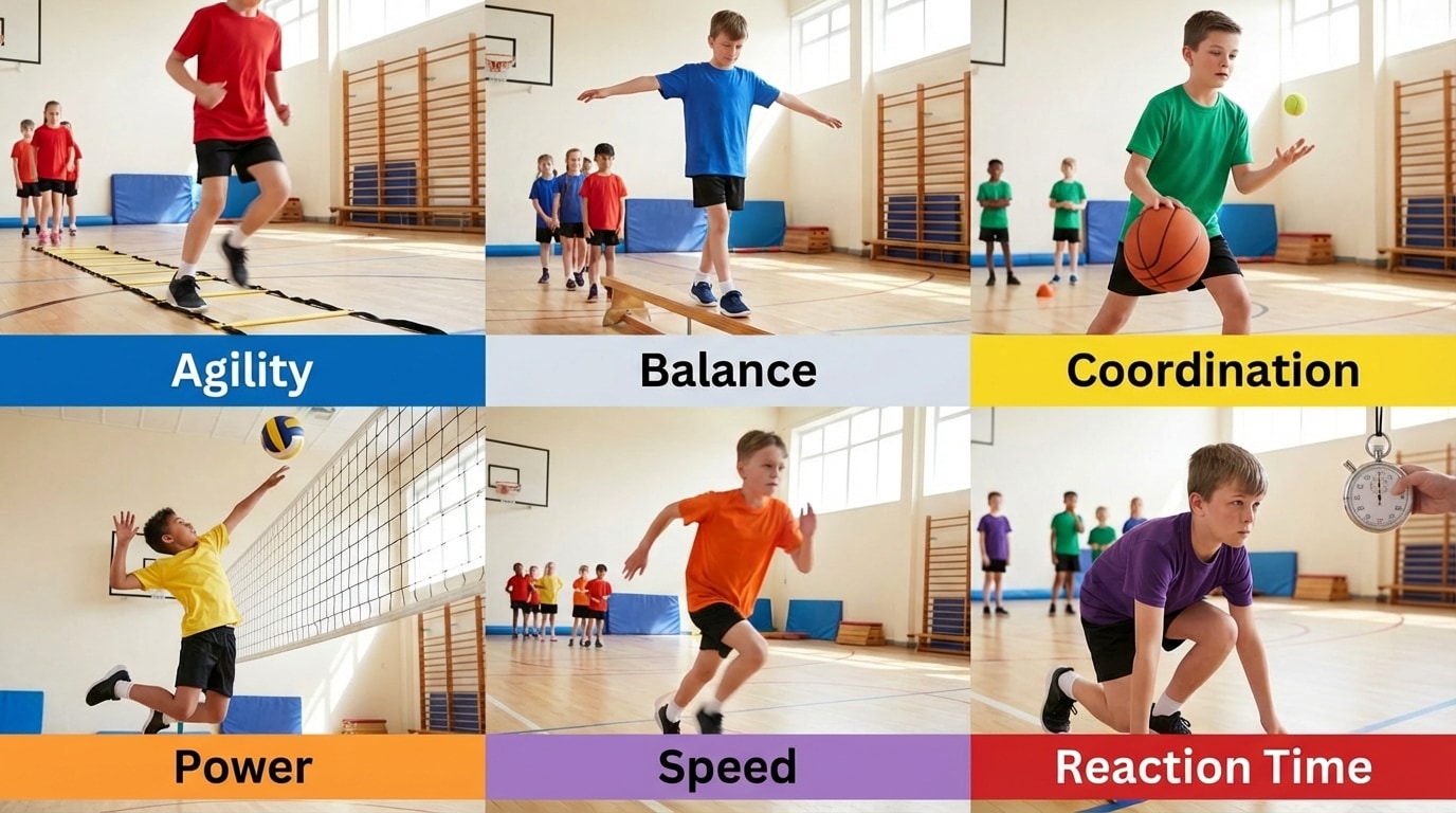 Split scene of children in PE: one doing ladder drills labeled “Agility,” one on a low balance beam labeled “Balance,” one dribbling a basketball and tossing a ball labeled “Coordination,” one jumping up for a volleyball spike labeled “Power,” one sprinting labeled “Speed,” and one reacting to a whistle start labeled “Reaction Time.”