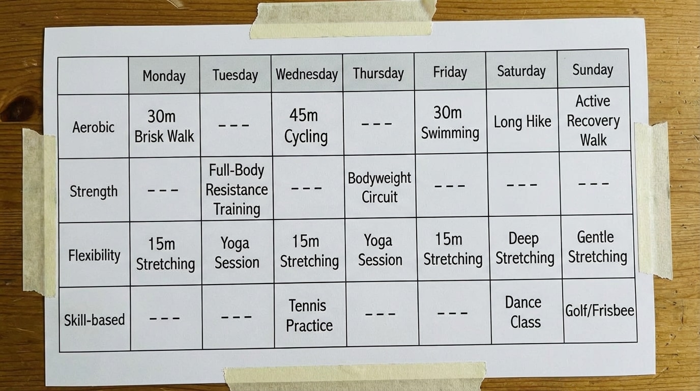 Table-style weekly schedule with days of the week across the top and activity types (aerobic, strength, flexibility, skill-based) filled in for each day to show a balanced weekly plan.