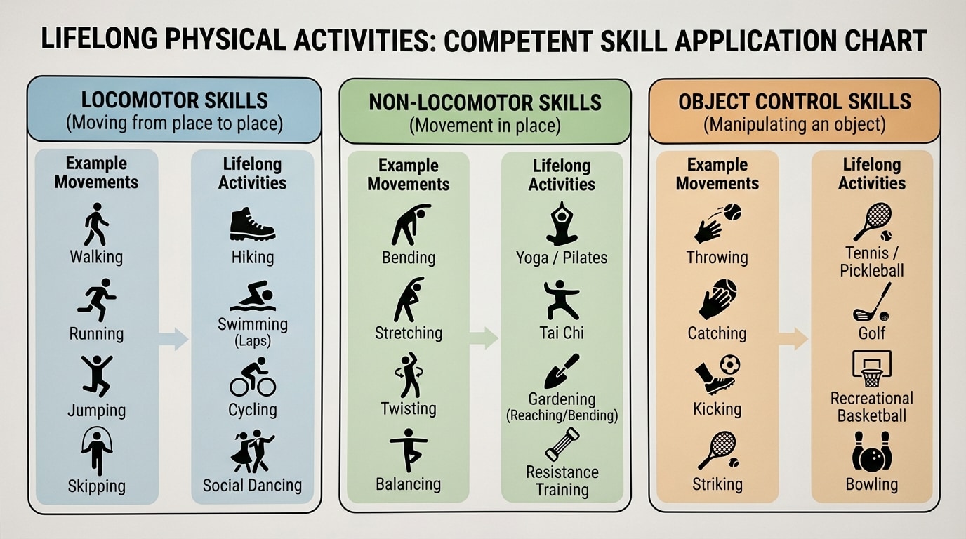 Chart organizing locomotor, non-locomotor, and object control skills, each with example movements and sample lifelong activities that use each skill type.
