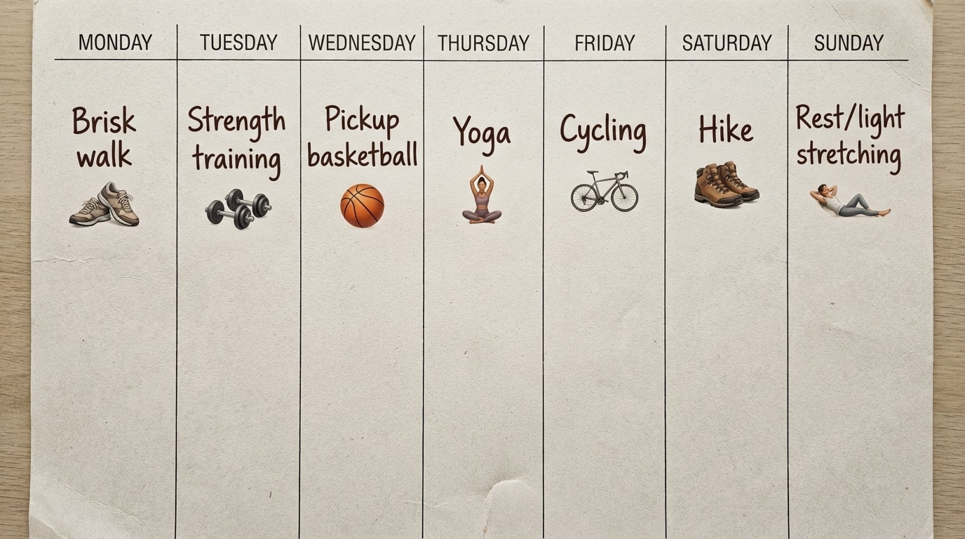 Simple weekly calendar grid showing example activities: Mon – brisk walk; Tue – strength training; Wed – pickup basketball; Thu – yoga; Fri – cycling; Sat – hike; Sun – rest/light stretching