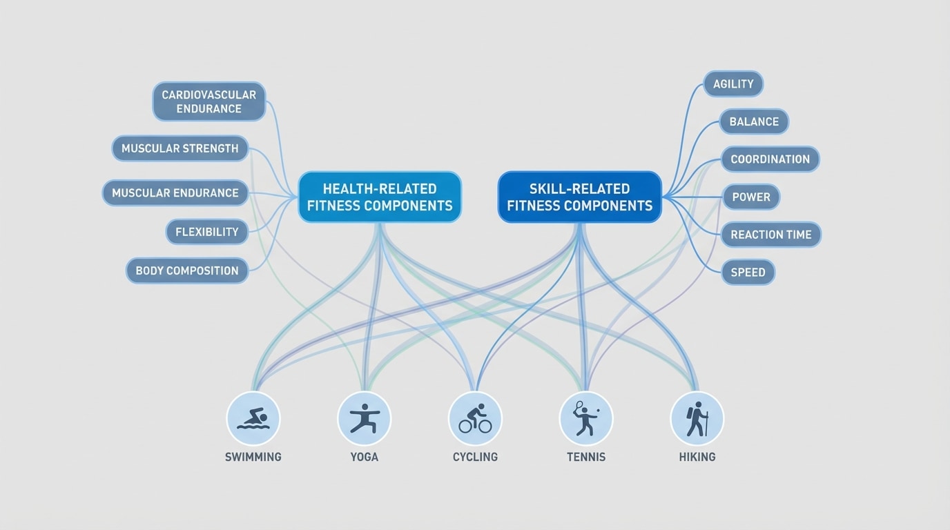 Concept map showing health-related fitness components and skill-related components, with lines connecting each component to sample activities like swimming, yoga, cycling, tennis, and hiking.