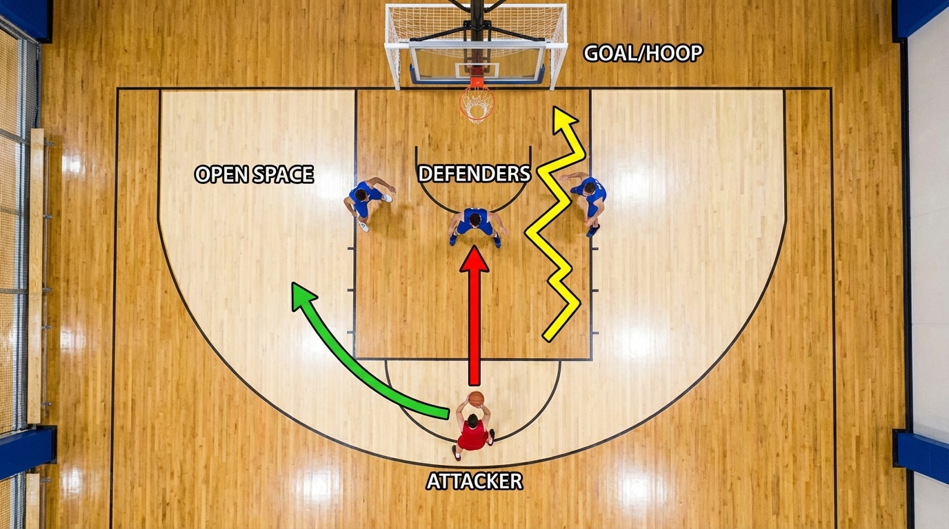 Top-down view of a small-sided soccer or basketball court with one attacker, several defenders, the goal/hoop, and multiple possible movement paths drawn as arrows: straight toward a defender, curved into open space, and zigzag routes, with open space shaded lightly