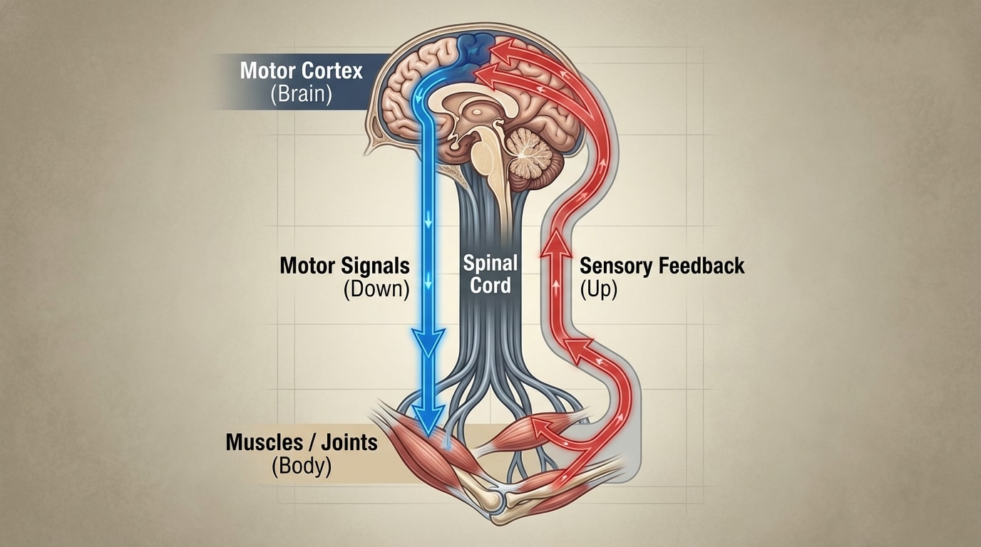 Simplified diagram of the brain–body loop showing motor cortex sending signals down the spinal cord to muscles, and sensory nerves sending feedback from muscles/joints back up to the brain