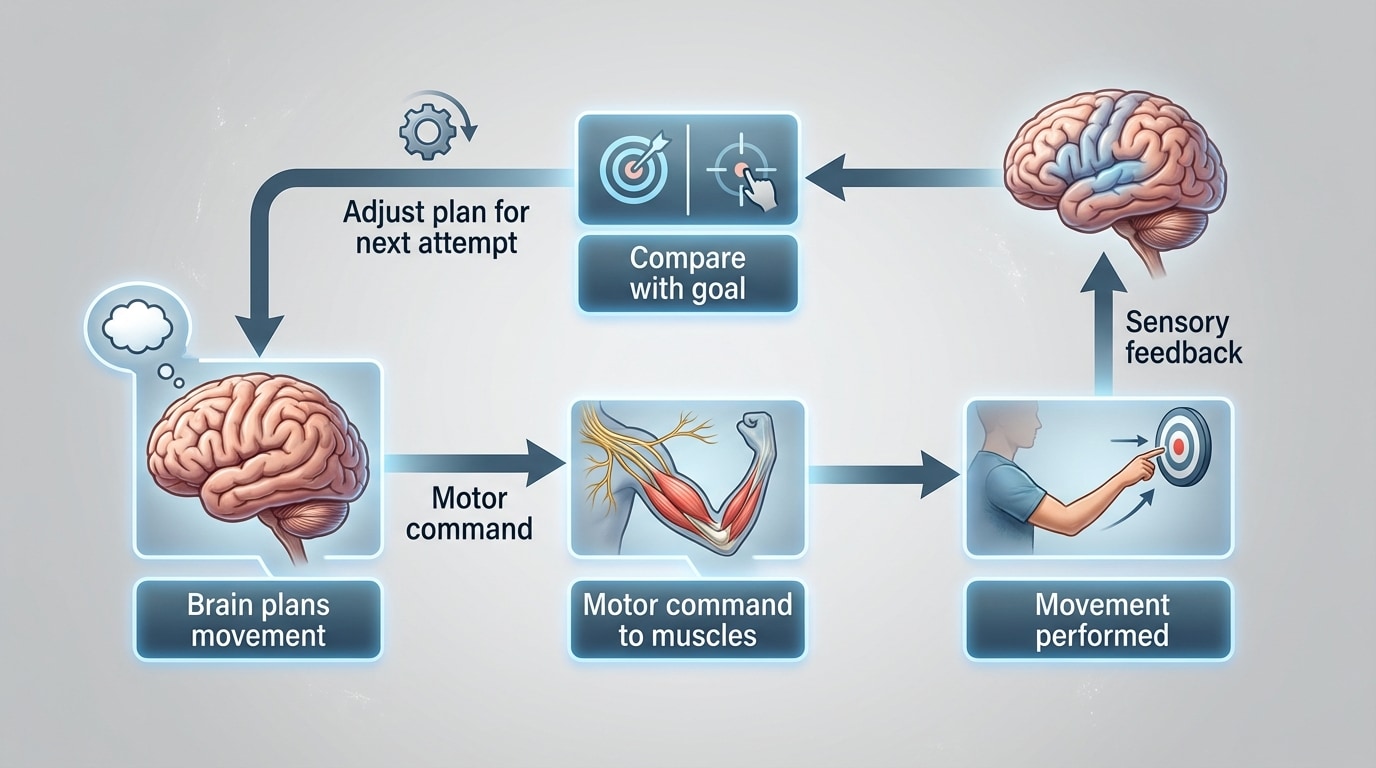 Flowchart showing: Brain plans movement → Motor command to muscles → Movement performed → Sensory feedback to brain → Compare with goal → Adjust plan for next attempt