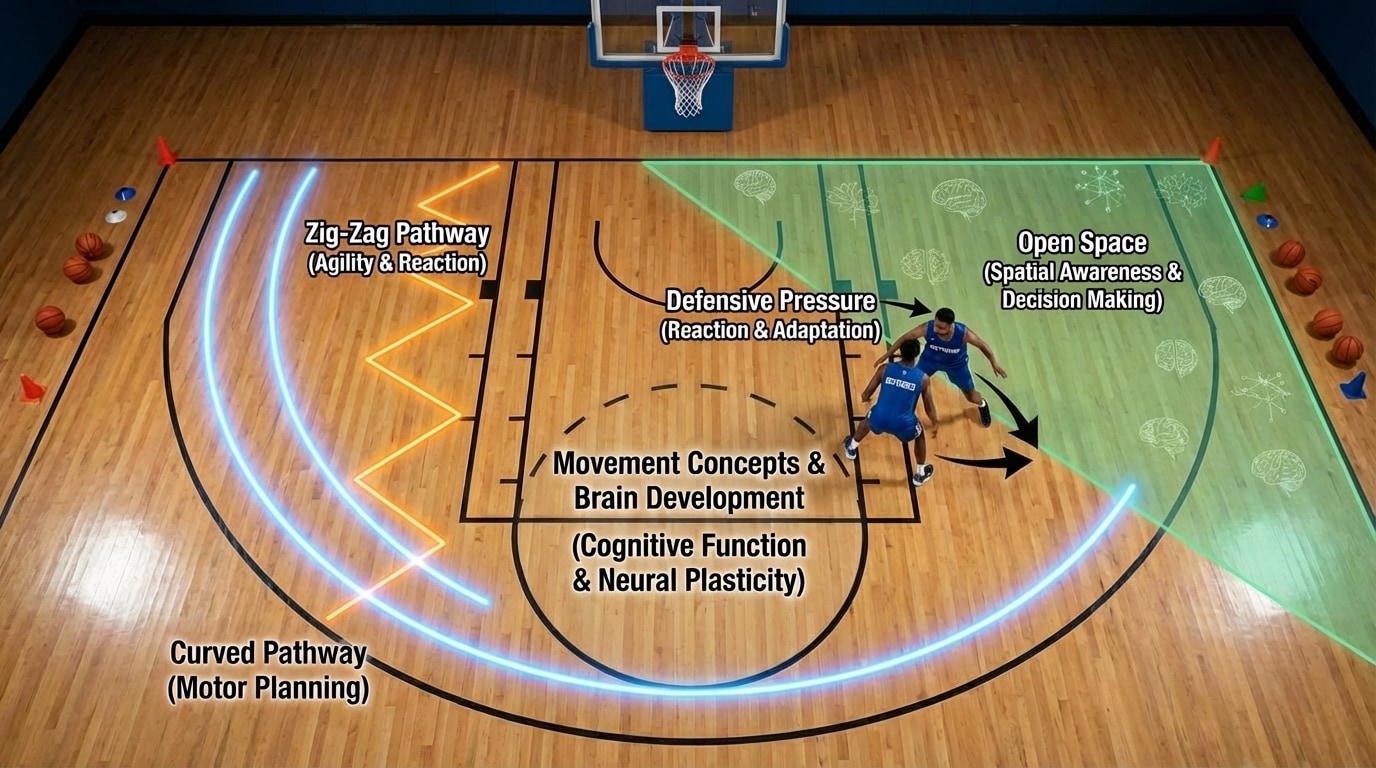 Top-down view of a basketball half-court drill showing player movement pathways (curved, zig-zag), defenders, and open spaces to illustrate space and effort concepts