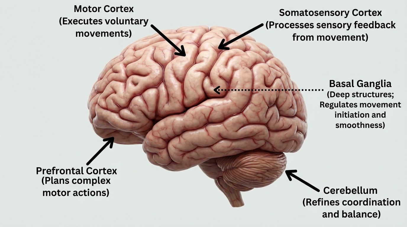 Lateral view of a human brain labeled with motor cortex, somatosensory cortex, cerebellum, basal ganglia (indicated as deep structures), and prefrontal cortex, each with arrows and brief role notes related to movement