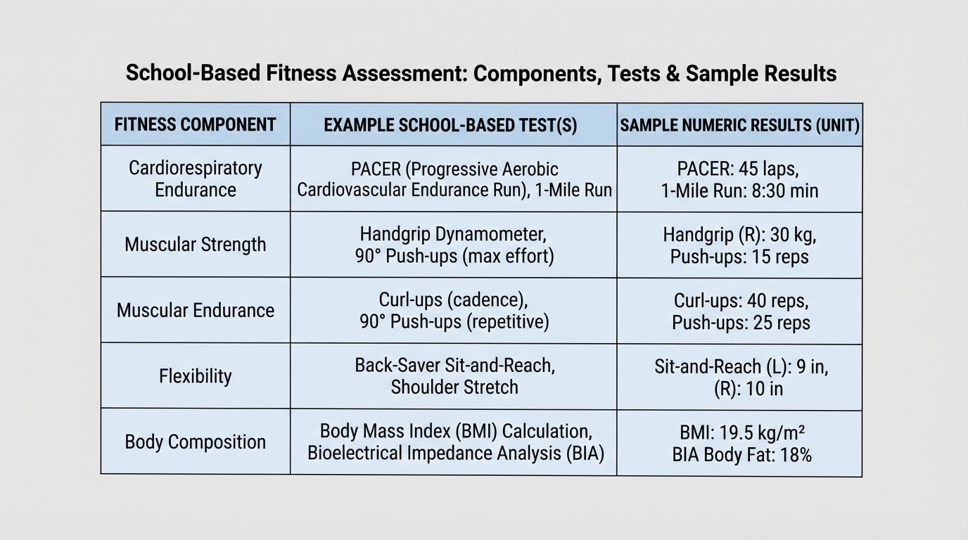 A table-style chart listing fitness components (cardiorespiratory endurance, muscular strength, muscular endurance, flexibility, body composition) in one column and example school-based tests with sample numeric results in adjacent columns.