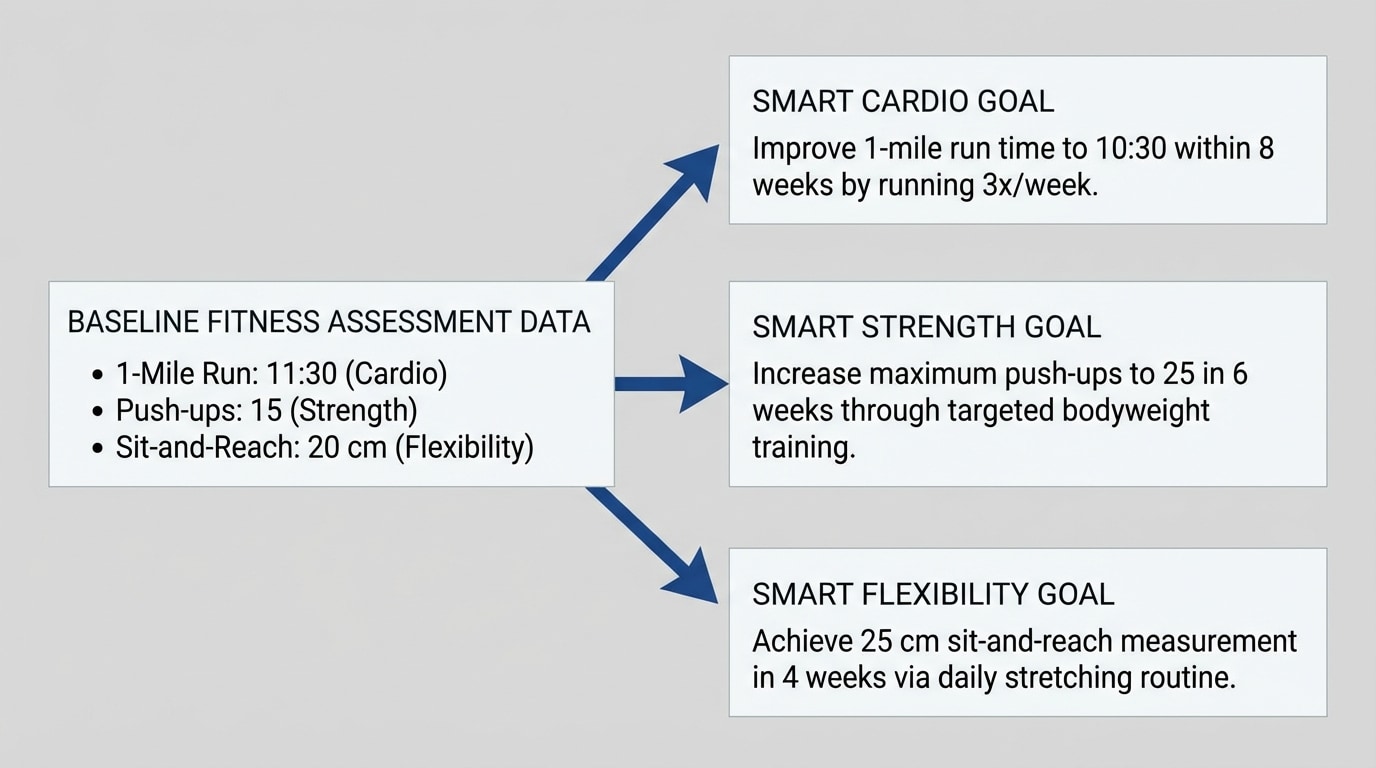 A flow diagram showing sample baseline data (e.g., 1-mile run 11:30, push-ups 15, sit-and-reach 20 cm) connected by arrows to three written SMART goals for cardio, strength, and flexibility.