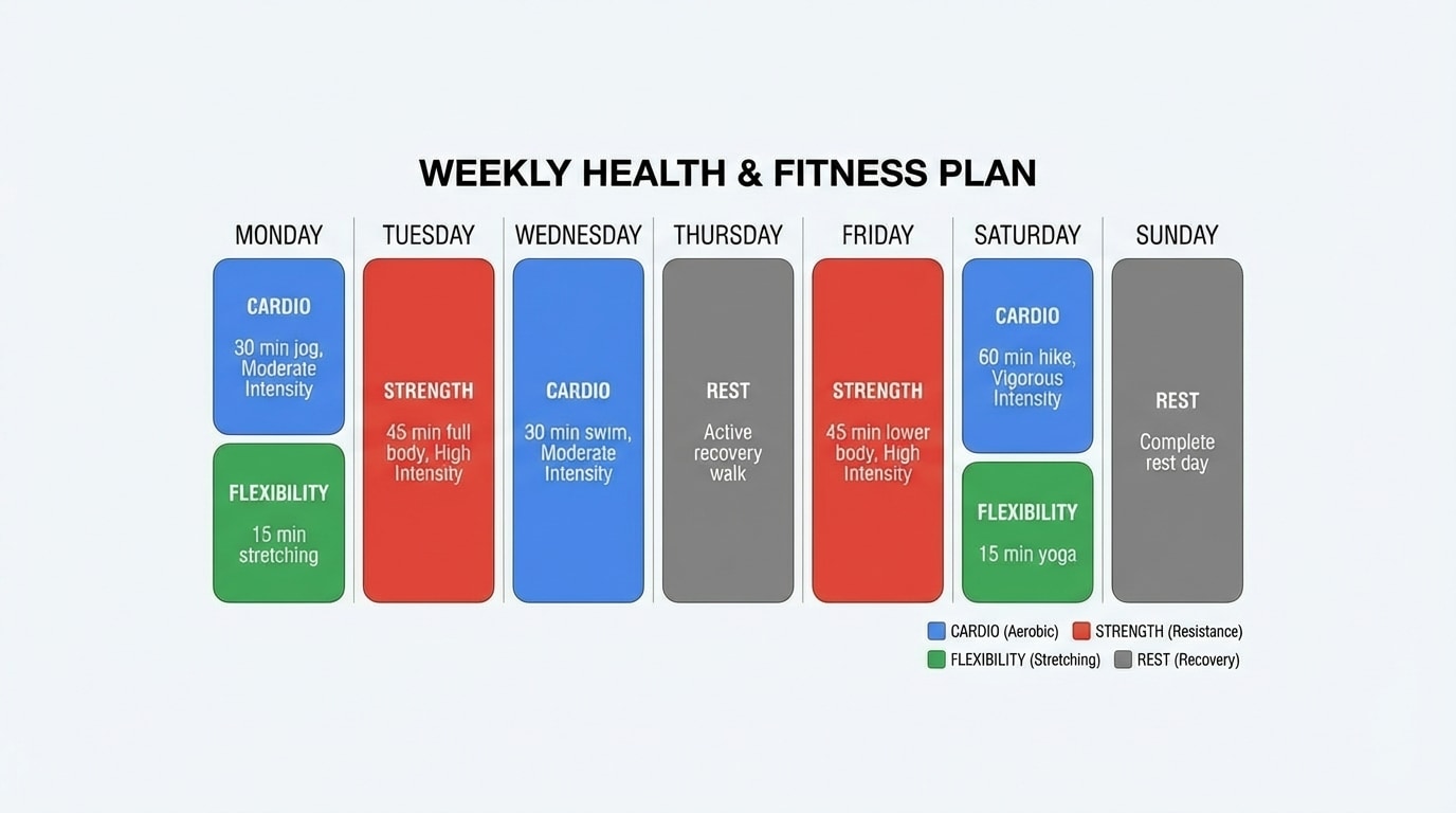 A color-coded weekly calendar showing days of the week with blocks labeled for cardio, strength, flexibility, and rest, demonstrating FITT variables and balance across the week.