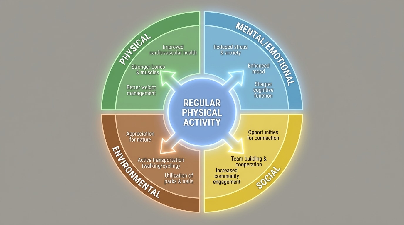 Diagram of a wellness wheel with four labeled sections (physical, mental/emotional, social, environmental) and arrows from a central circle labeled “Regular Physical Activity” to each section, with small text examples of benefits in each section