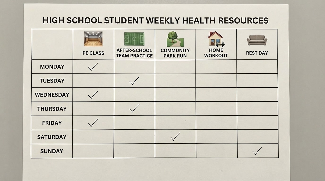Simple weekly schedule chart for a high school student, with rows for days of the week and columns showing different resources used each day: PE class, after-school team practice, community park run, home workout, rest day