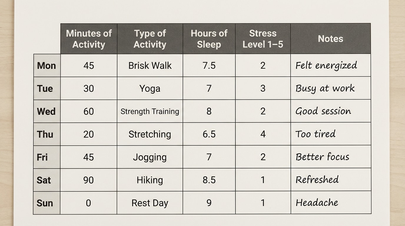 Sample one-week wellness tracker table with rows for days of the week and columns for “Minutes of Activity,” “Type of Activity,” “Hours of Sleep,” “Stress Level 1–5,” and a notes column with short comments like “Felt energized,” “Too tired,” “Headache”