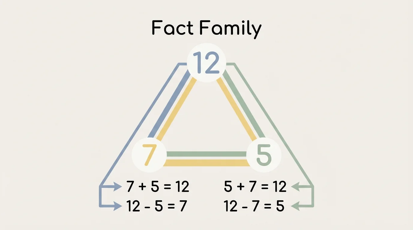 Fact family triangle with numbers 7, 5, and 12 and the four related equations around it