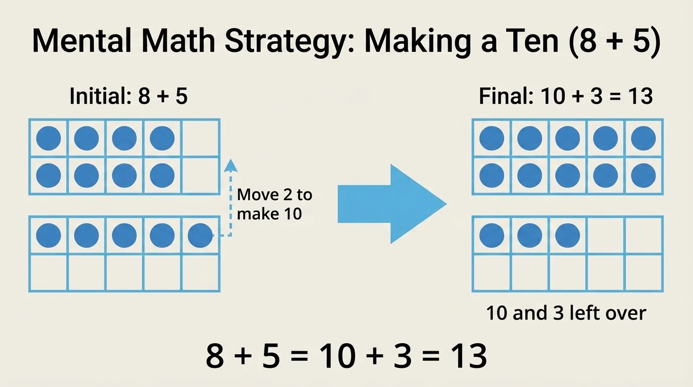 Ten-frame showing 8 dots and 5 more dots, with 2 moved to make 10 and 3 left over