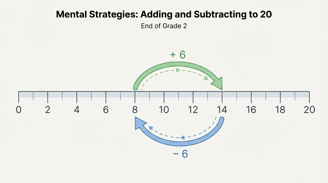 Number line from 0 to 20 showing 14 minus 6 as backward jumps and also 8 to 14 as counting up