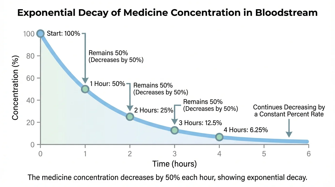 Graph of medicine concentration decreasing over time with labeled points showing the amount retaining the same percent each hour, starting high and curving downward toward zero