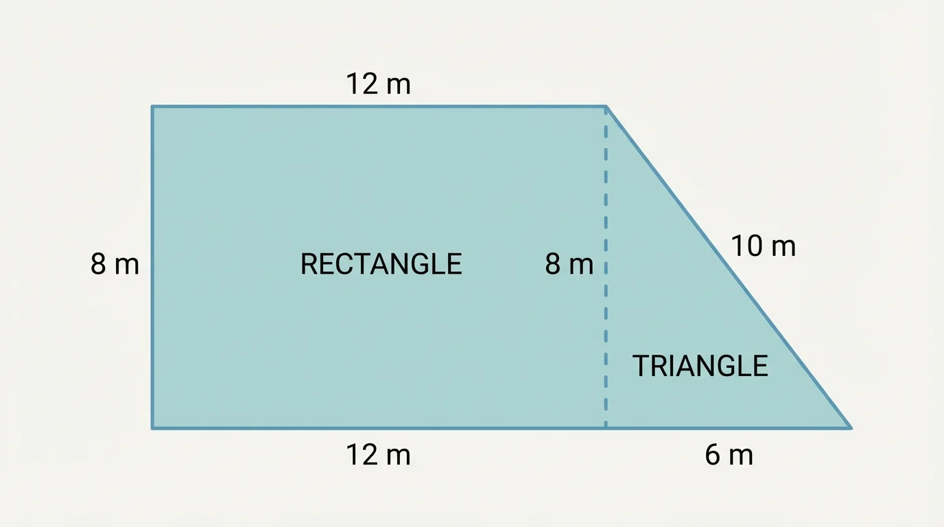 Composite floor plan shaped like a rectangle attached to a triangle, with side lengths labeled