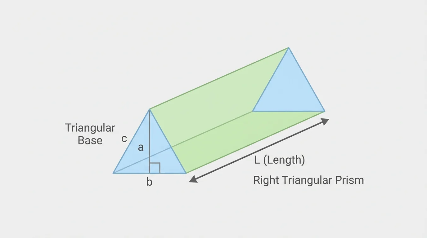 Right triangular prism with triangular base dimensions labeled and prism length marked