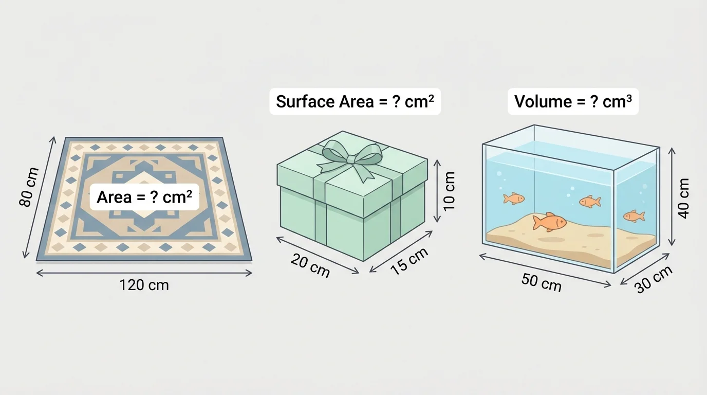 Three side-by-side objects: floor rug, gift box, and aquarium, each labeled with the measurement that fits the problem