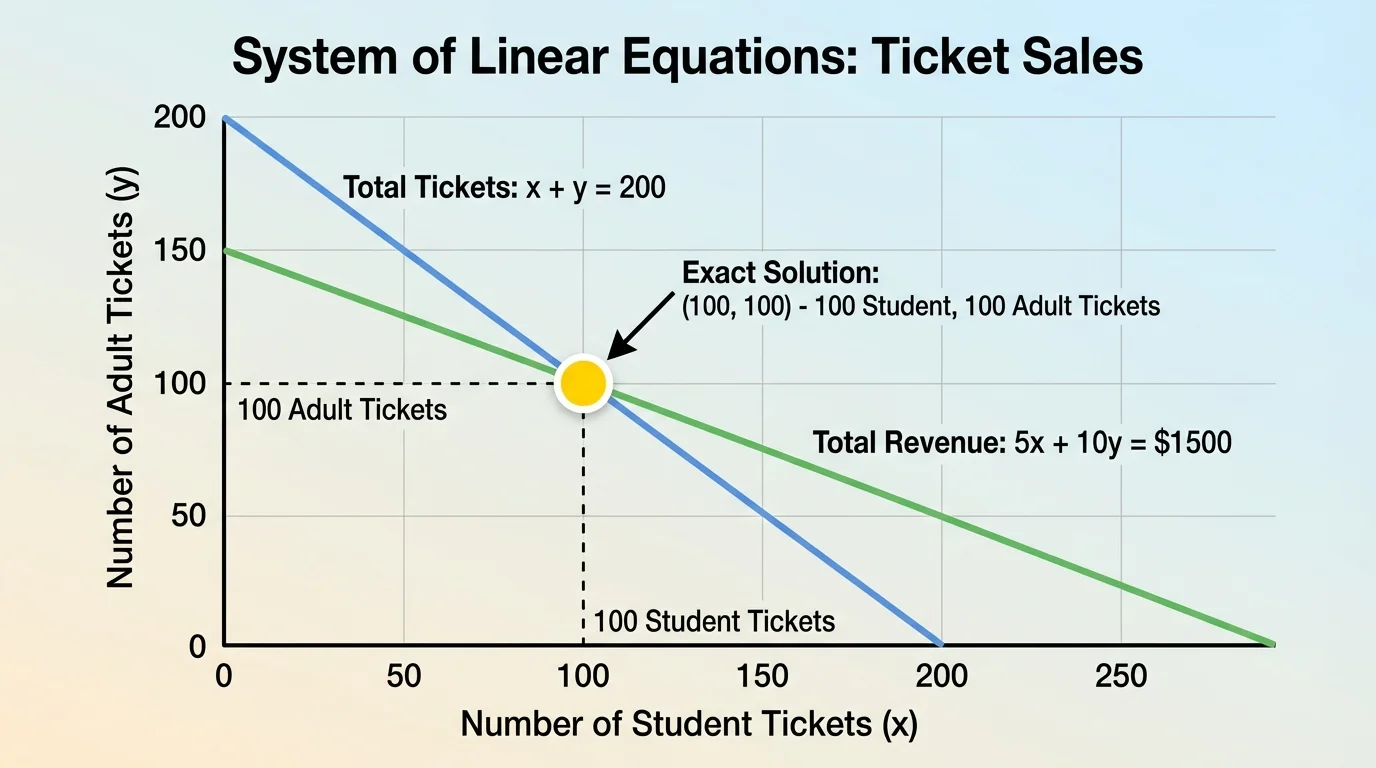 graph of a ticket-sales system with one line for total tickets and one line for total revenue, intersection highlighted on labeled axes for student and adult ticket counts