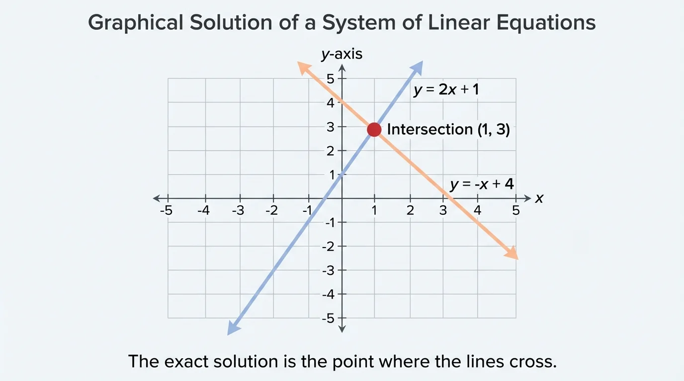 coordinate plane with two labeled lines crossing at a single highlighted intersection point, showing the graphical solution of a system