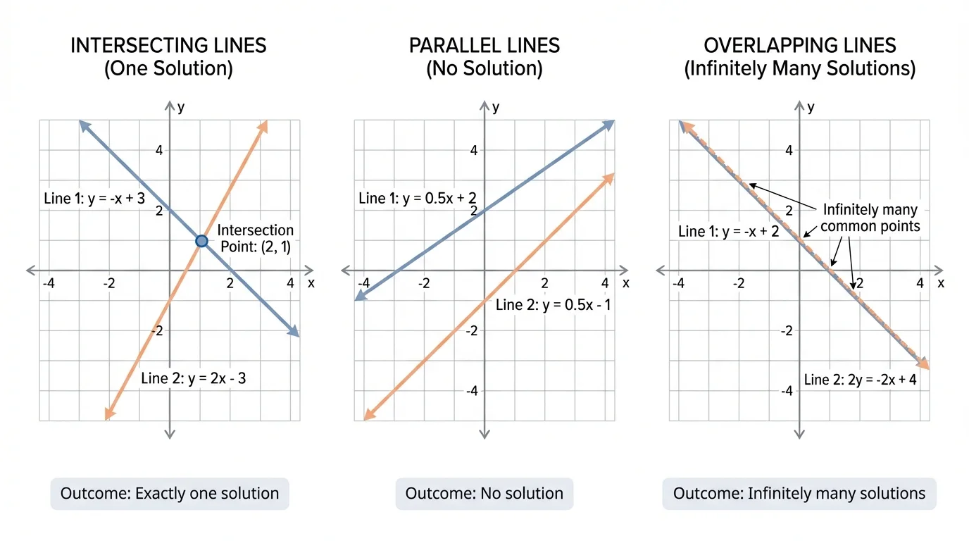 three small coordinate planes side by side showing intersecting lines, parallel lines, and overlapping lines for the three outcomes of a linear system
