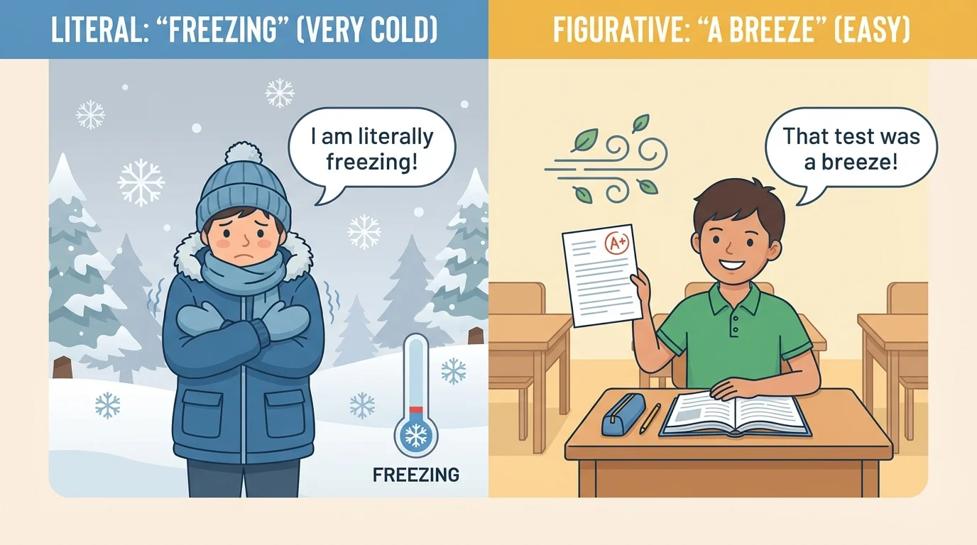 split scene showing one child shivering in snowy weather for literal freezing and another child saying a test was a breeze in a classroom for figurative use