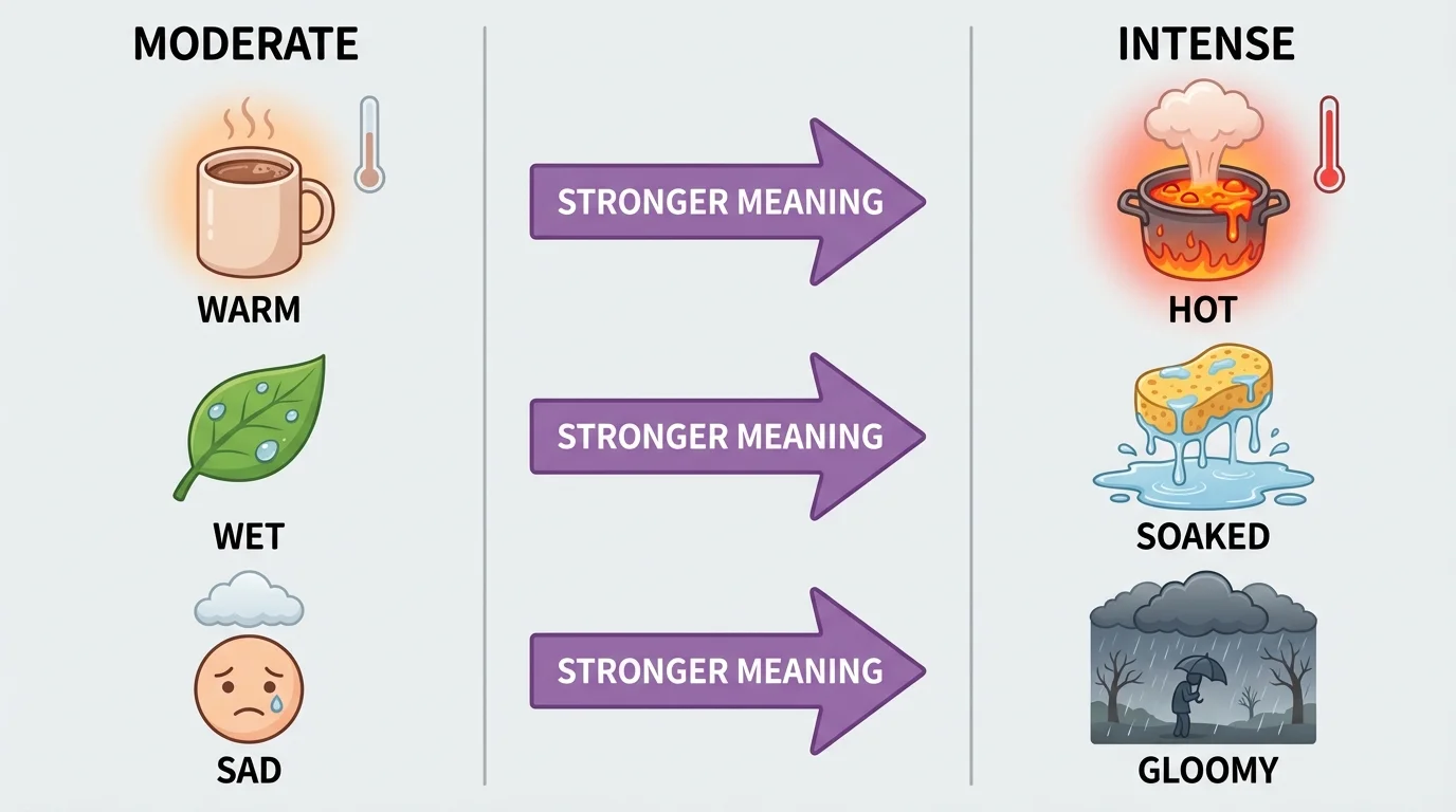 comparison chart with simple picture clues showing warm versus hot, wet versus soaked, and sad versus gloomy with arrows for stronger meaning