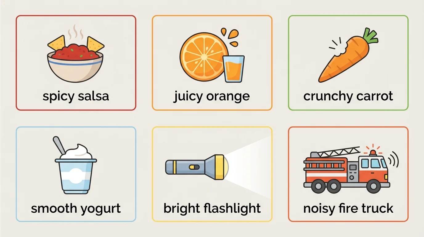 child-friendly comparison chart showing foods and objects labeled spicy salsa, juicy orange, crunchy carrot, smooth yogurt, bright flashlight, noisy fire truck
