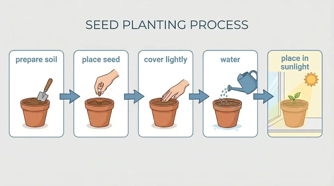 flowchart of planting a seed with boxes labeled prepare soil, place seed, cover lightly, water, and place in sunlight