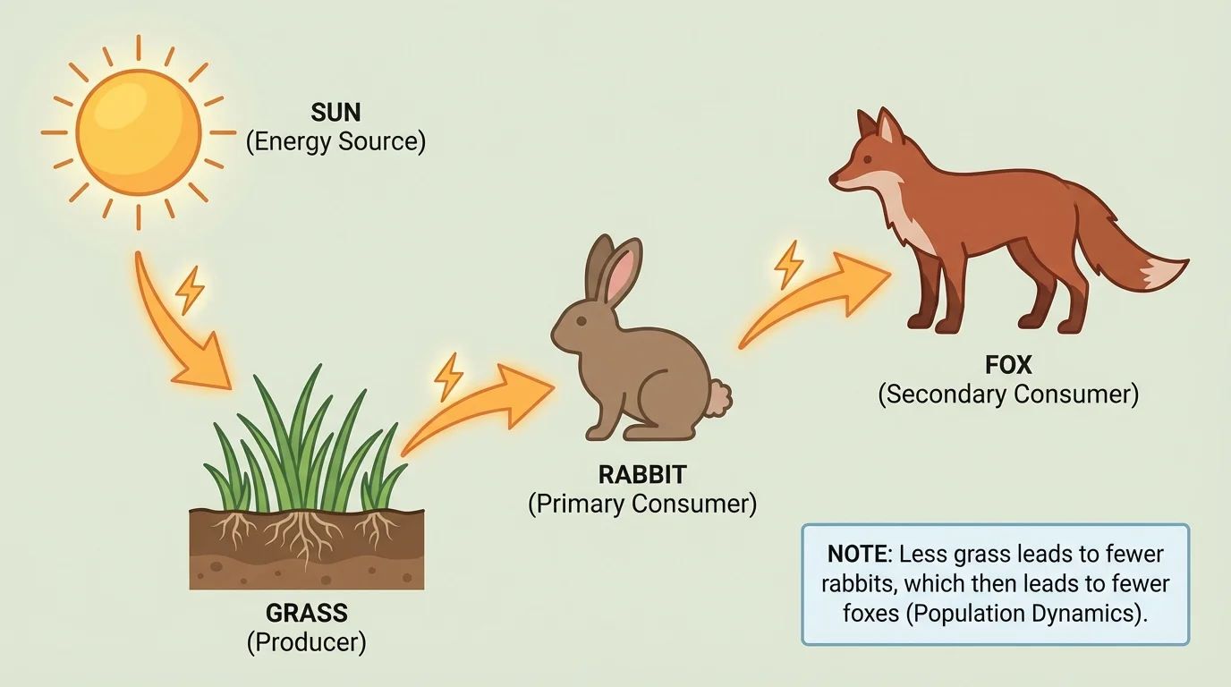 ecosystem diagram with sun, grass, rabbit, and fox, showing arrows of energy flow and a note that less grass leads to fewer rabbits and then fewer foxes