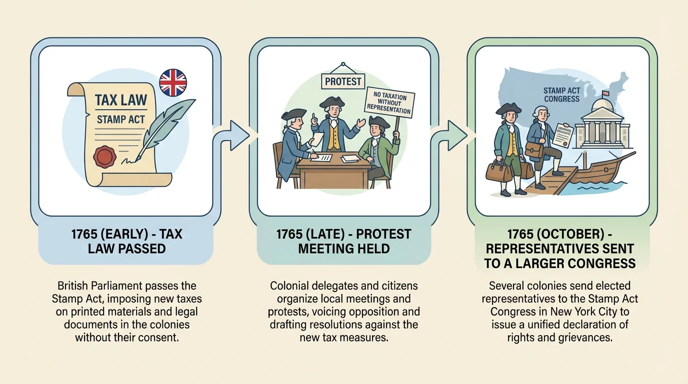 timeline showing a colony reacting to new taxes with three key events—tax law passed, protest meeting held, representatives sent to a larger congress