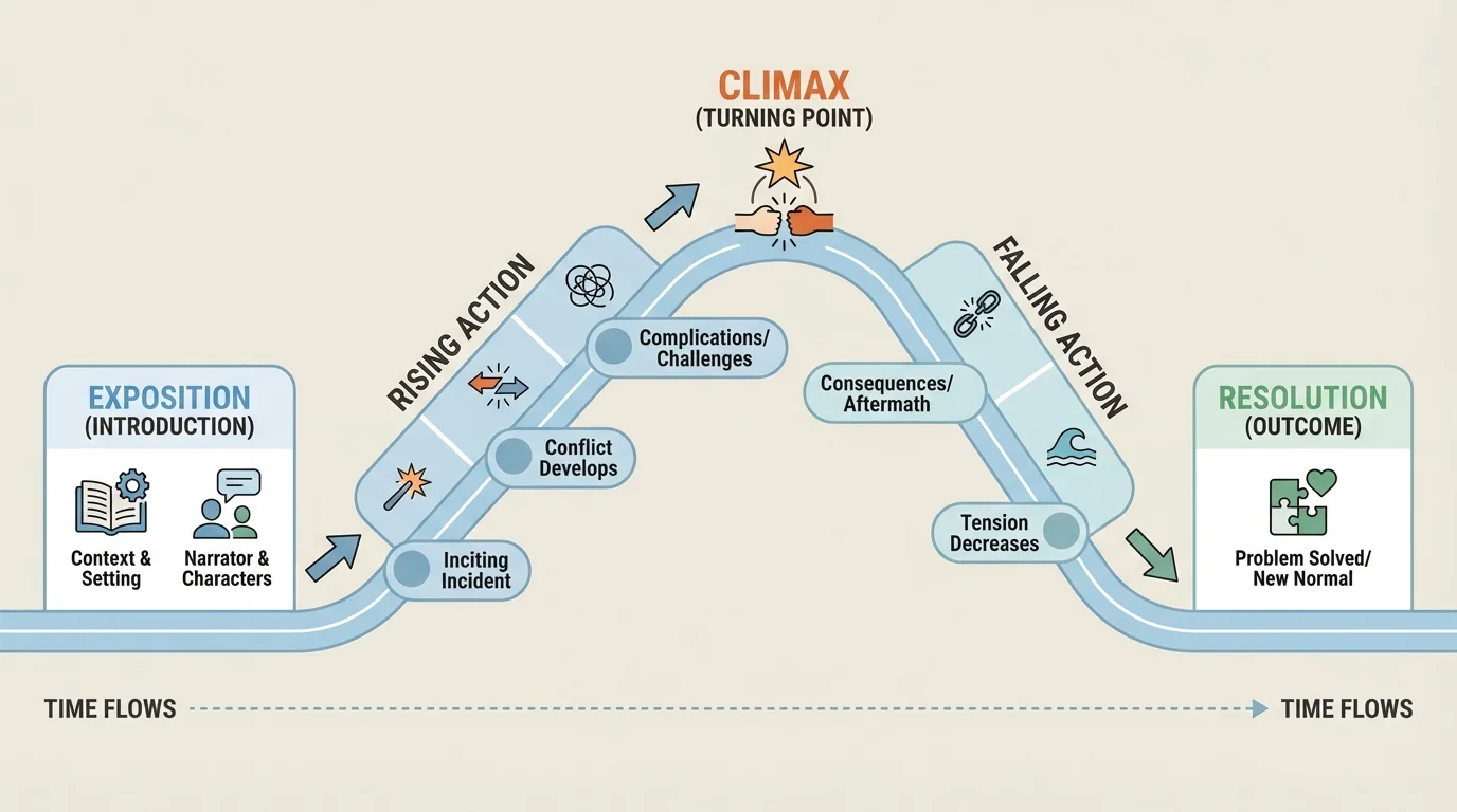 Simple story arc with labeled stages for a sixth-grade narrative
