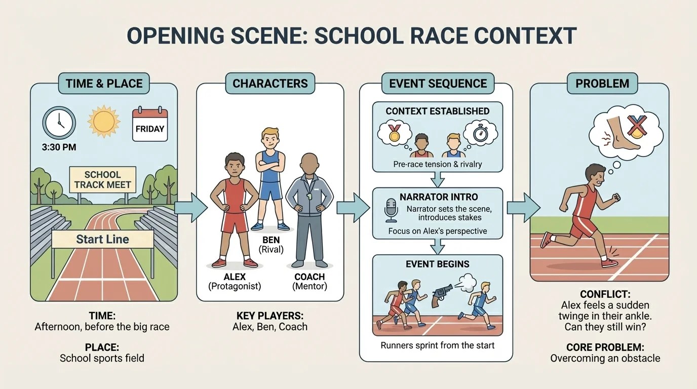 Opening-scene diagram labeling time, place, characters, and problem in a school-race story