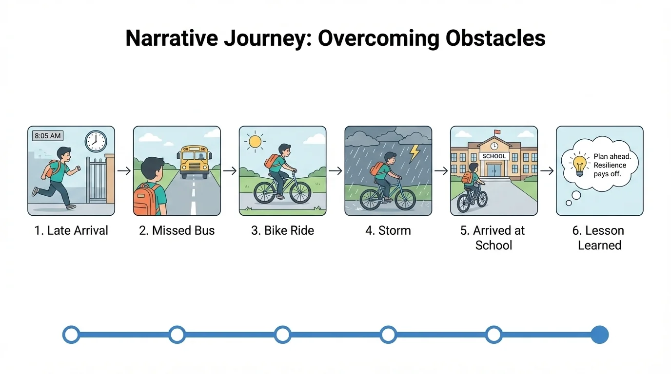 Flowchart of narrative events from late arrival, missed bus, bike ride, storm, finish line, and lesson learned