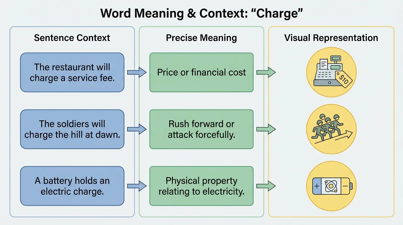 Comparison chart with the word 'charge' in different sentence contexts matched to meanings such as price, rush forward, and electric property