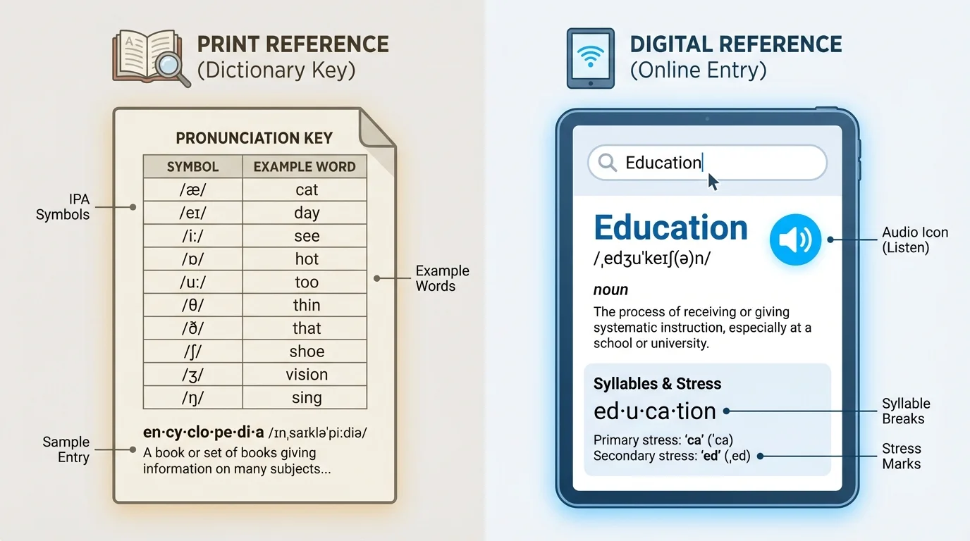 Side-by-side view of a print dictionary pronunciation key and a digital dictionary entry with an audio icon, syllable breaks, and stress marks