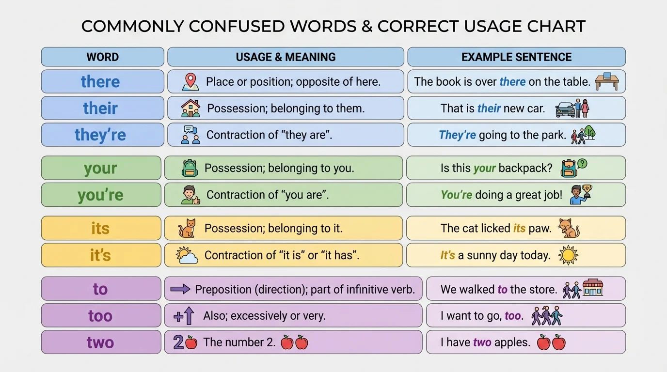 chart comparing there, their, they're, your, you're, its, it's, to, too, and two with short example sentences showing correct usage
