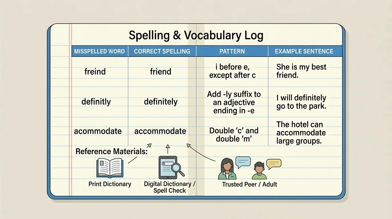 student spelling notebook page with columns labeled misspelled word, correct spelling, pattern, and example sentence, with a few sample entries