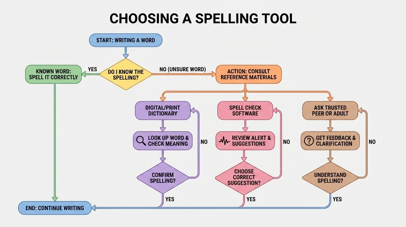 flowchart for choosing a spelling tool with paths for known word, unsure word, dictionary check, spell check alert, meaning check, and asking a trusted peer or adult