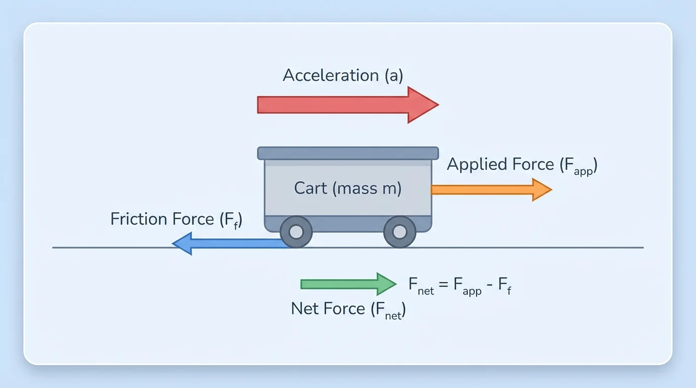 Side view of a cart on a horizontal line with arrows showing a rightward applied force, a leftward friction force, and a rightward acceleration, all along the same straight line