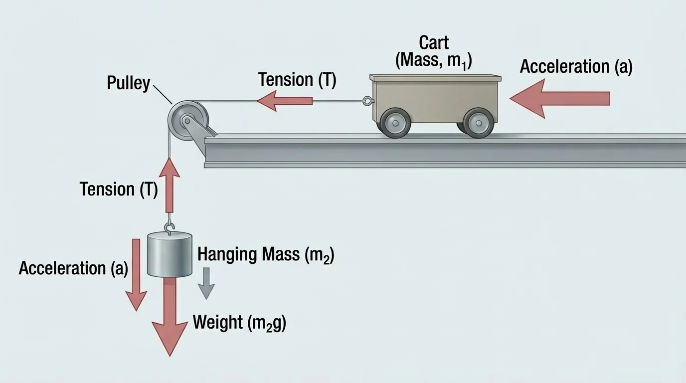 Side view of a horizontal cart on a track connected by a string over a pulley to a hanging mass, with arrows for weight on the hanging mass, tension in the string, and acceleration of the cart along the track