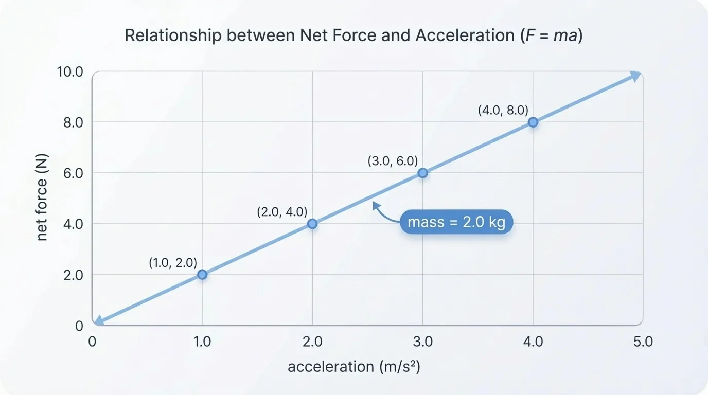 Graph with horizontal axis labeled "acceleration (m/s^2)" and vertical axis labeled "net force (N)", showing a straight line through points (1,2), (2,4), (3,6), (4,8) with the line's slope marked as "mass = 2.0 kg"