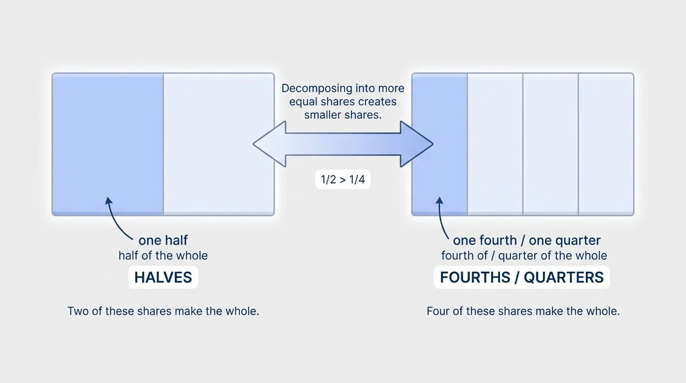 Two matching rectangles, one partitioned into halves and one into fourths, with a single share shaded in each for size comparison