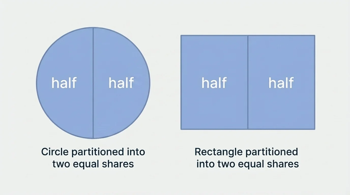 Circle divided into 2 equal parts and rectangle divided into 2 equal parts, each share shaded and labeled half