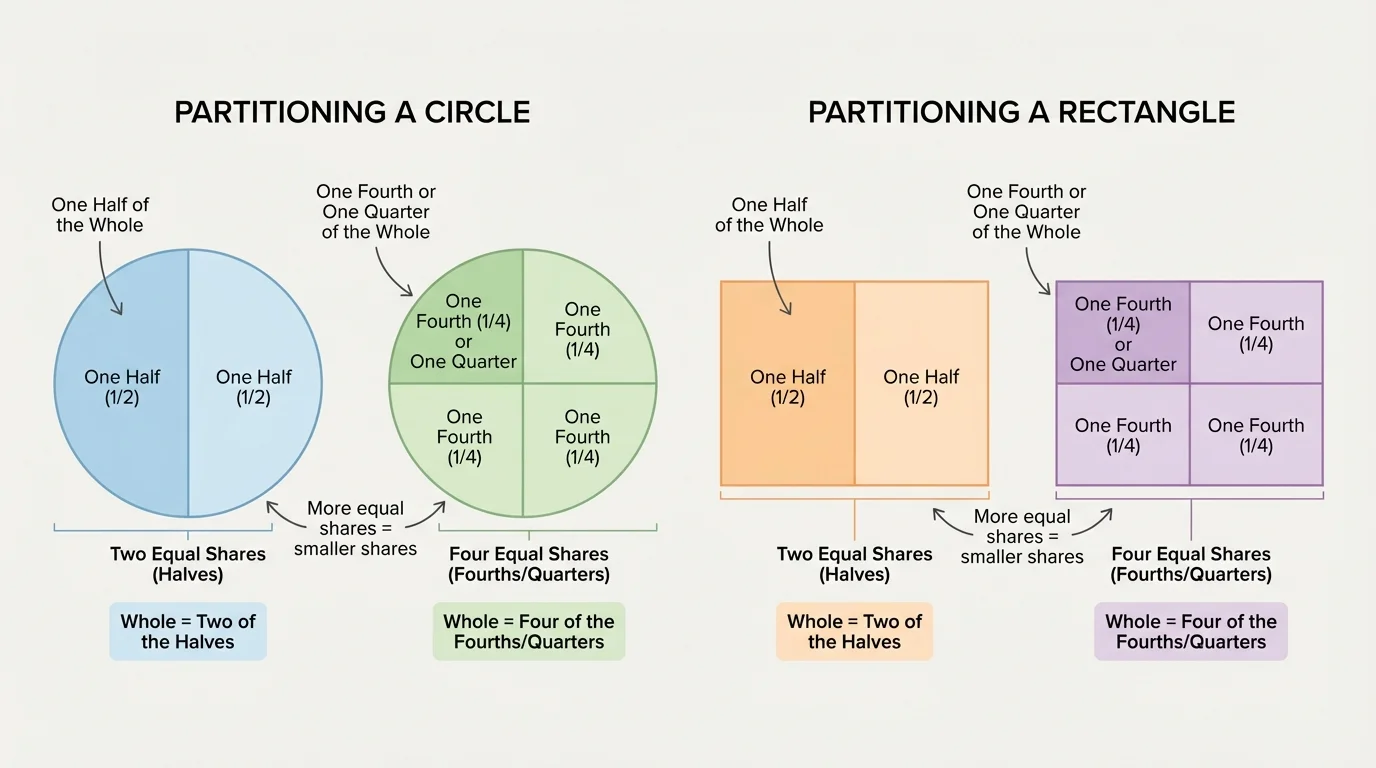 Circle and rectangle each divided into 4 equal shares with one share shaded